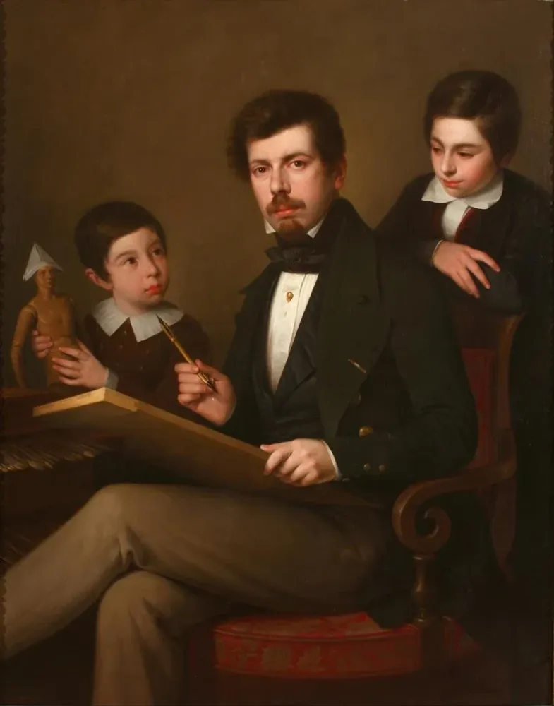 Maalaus Autoportrait avec ses fils Carlos et Vicente - Antonio Marí Esquivel | Taidetuloste
