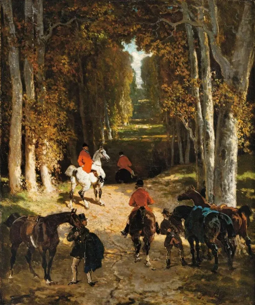 Maalaus Avant le départ pour la chasse dans une allée - Alfred de Dreux | Taidetuloste
