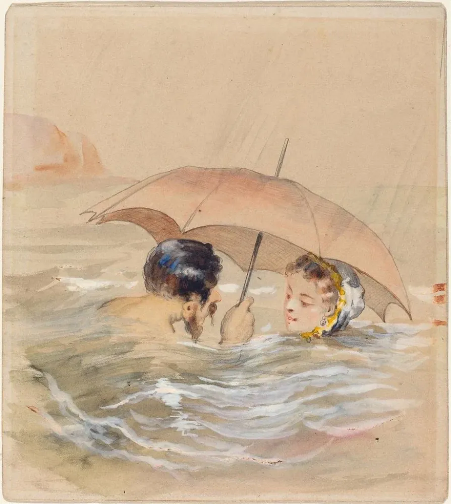 Maalaus Baigneurs hommes et femmes avec parapluie - Alfred Grévin | Taidetuloste