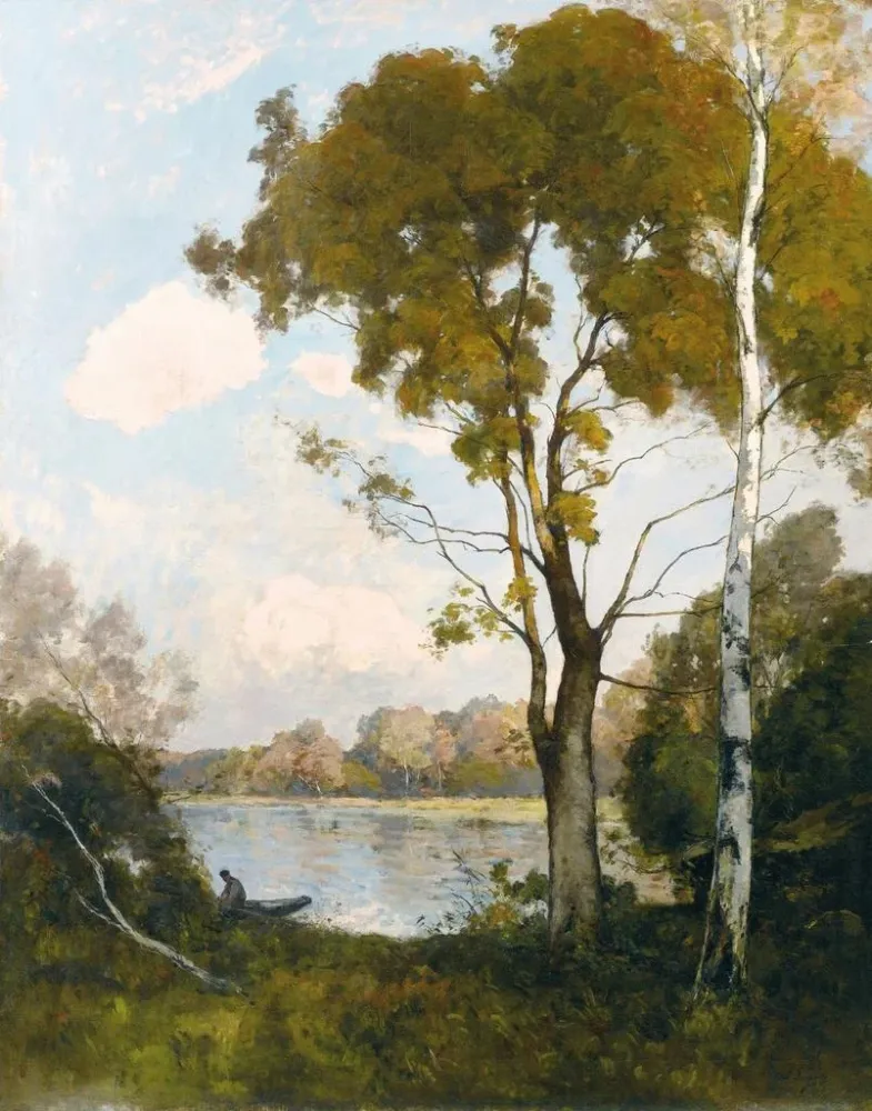 Maalaus Barque au soleil couchant, deux grands arbres à droite - Paul Lecomte | Taidetuloste
