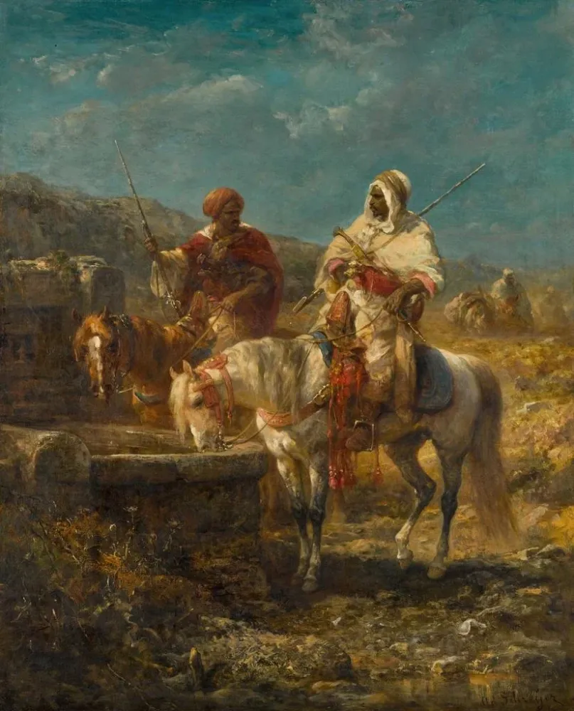 Maalaus Cavaliers au puits - Adolf Schreyer | Taidetuloste