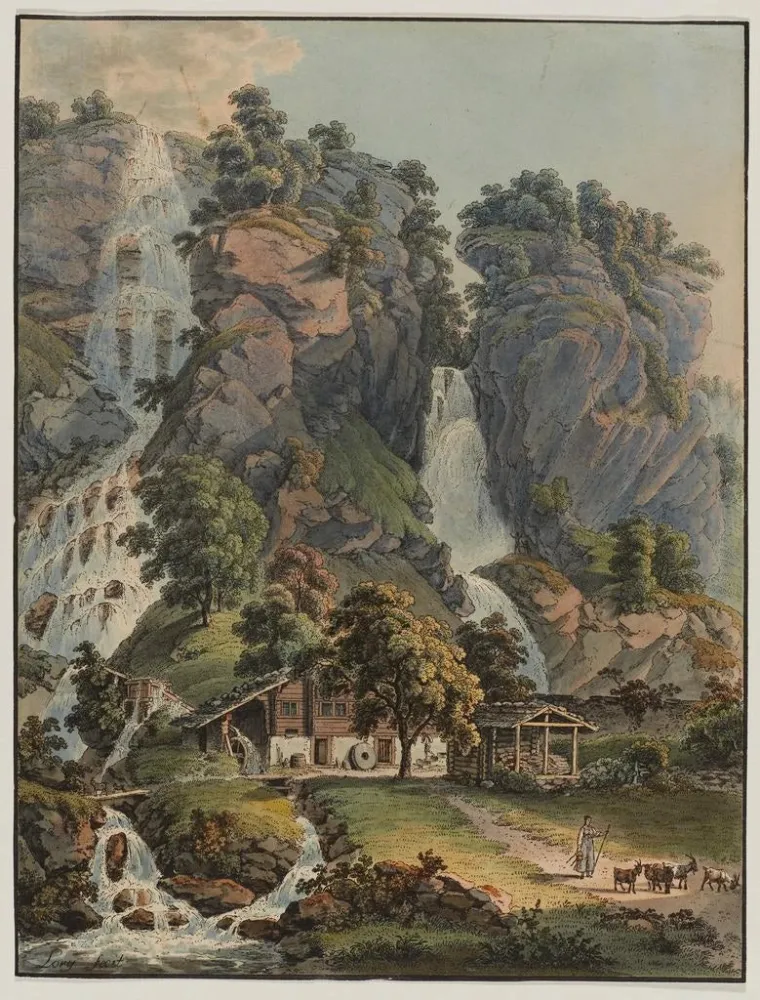 Maalaus Chutes du Dorf et Alpbach à Meyringen - Gabriel Lory L'ancien