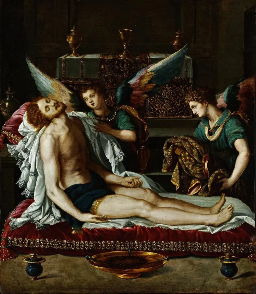 Maalaus Le Corps du Christ oint par deux anges - Alessandro Allori | Taidetuloste