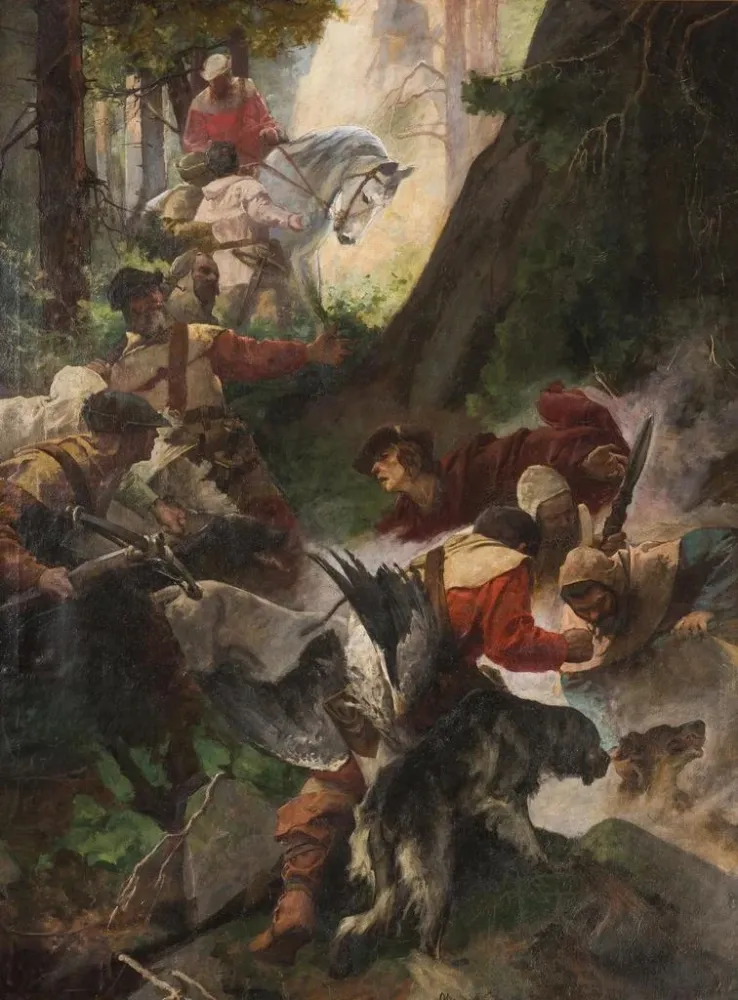 Maalaus La découverte des sources chaudes par Charles IV - Alexander Jakesch | Taidetuloste