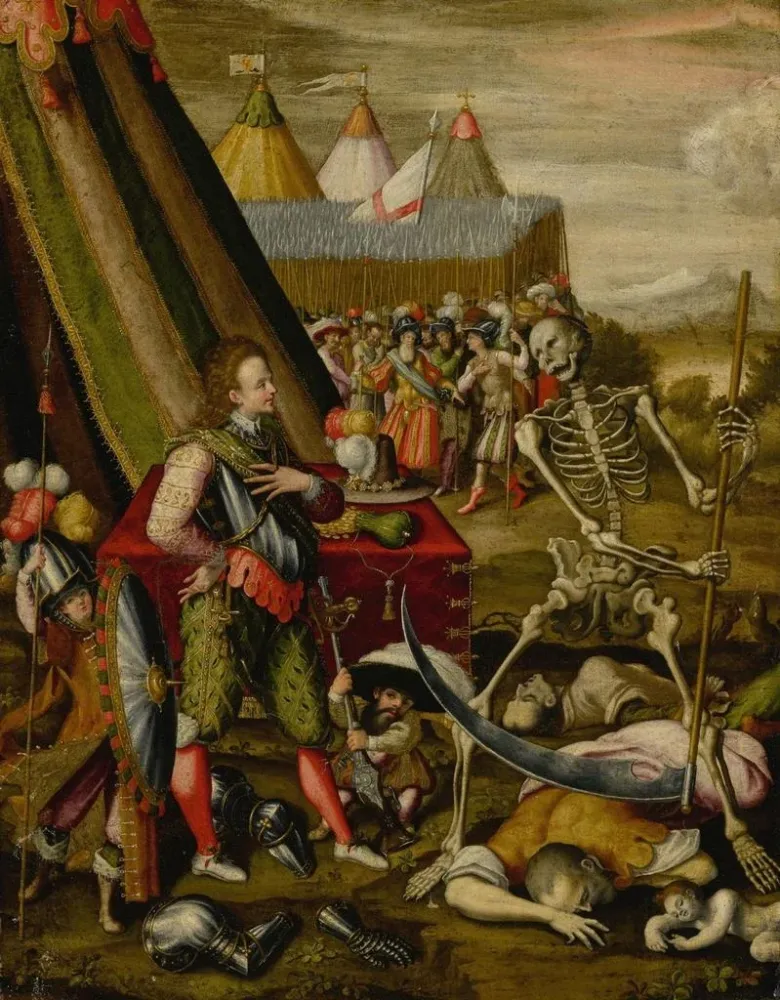 Maalaus Le Dialogue du Prince avec la Mort Allégorie des Horreurs de la Guerre - Antoine Caron | Taidetuloste