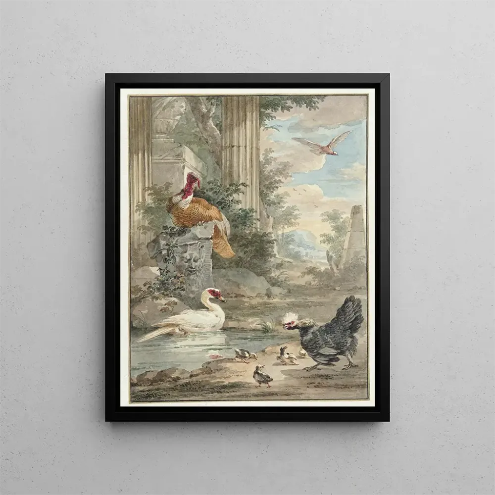 Maalaus Dindon et autres oiseaux près des ruines classiques d'un parc - Aert Schouman | Taidetuloste
