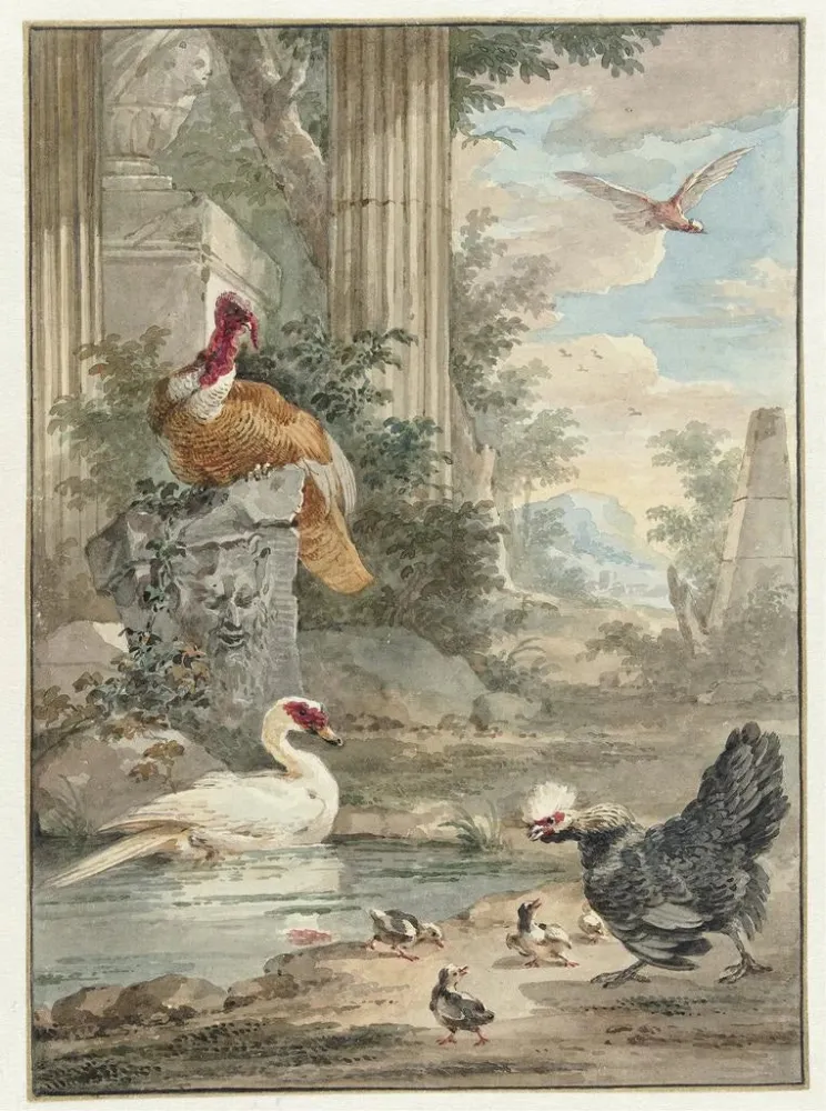 Maalaus Dindon et autres oiseaux près des ruines classiques d'un parc - Aert Schouman | Taidetuloste