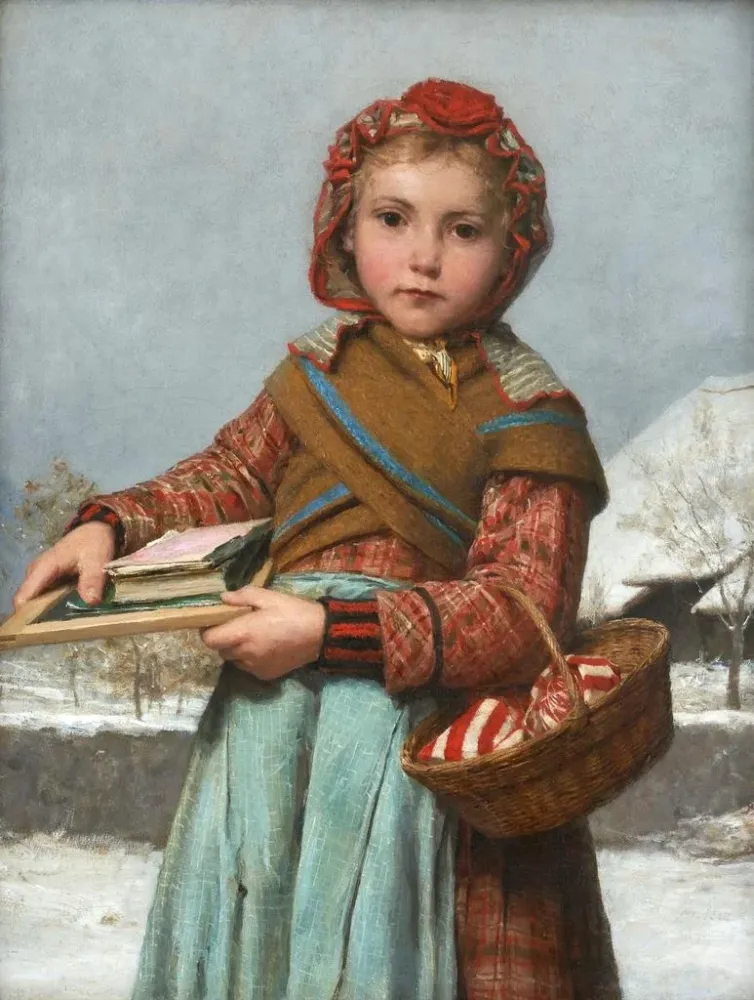 Maalaus Ecolière avec ardoise et panier à couture - Albert Anker | Taidetuloste