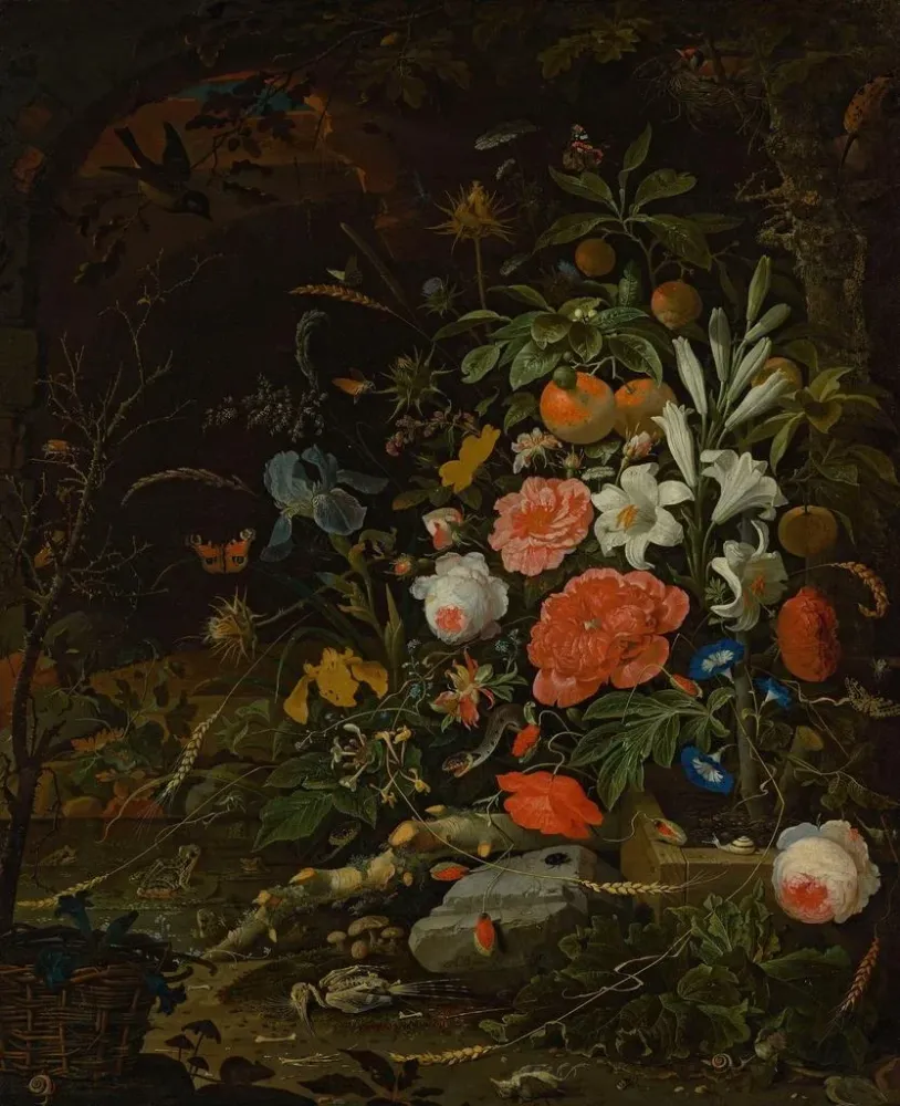 Maalaus Fleurs et petites créatures Vanitas - Abraham Mignon | Taidetuloste