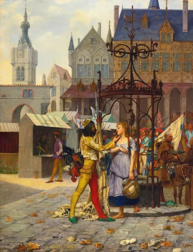 Maalaus Flirt sur la place de la ville - Adolphe Alexandre Lesrel | Taidetuloste