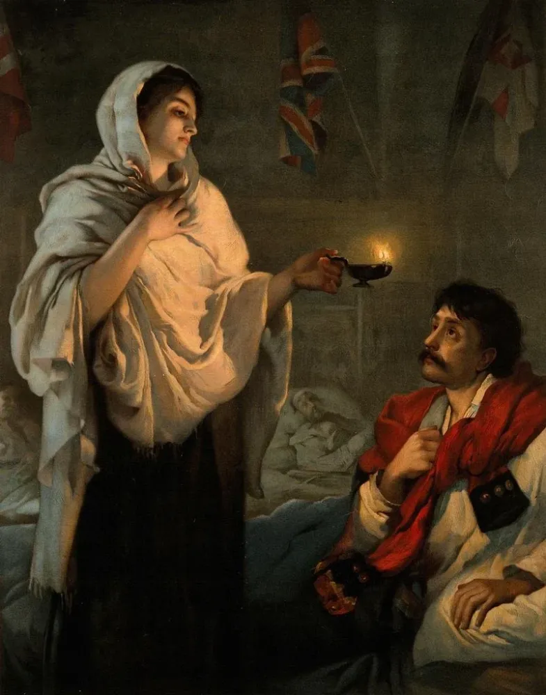 Maalaus Florence Nightingale hänen lamppunsa kanssa potilaan vuoteen äärellä - Henrietta Raen jälkeen | Taidetuloste