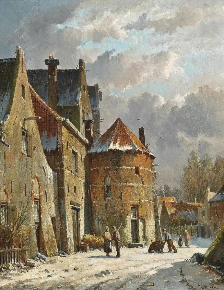 Maalaus Henkilöhahmoja hollantilaisella kadulla talvella - Adrianus Eversen | Taidetuloste
