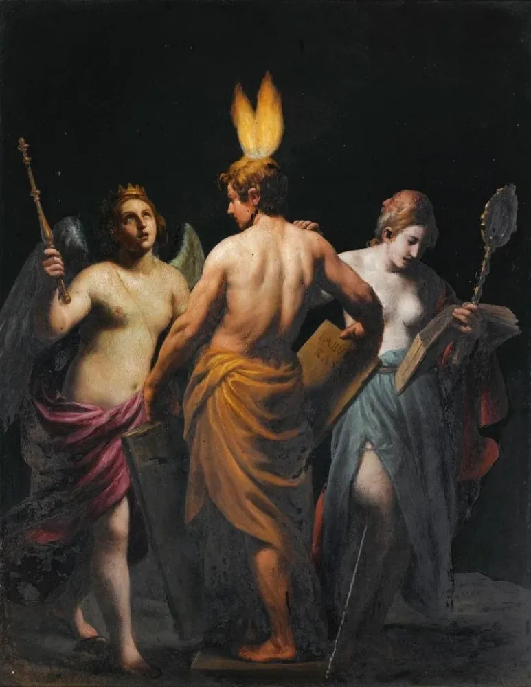 Maalaus Histoire de l'histoire et de la prudence Éveiller l'esprit au désir de connaissance - Alessandro Turchi | Taidetul...