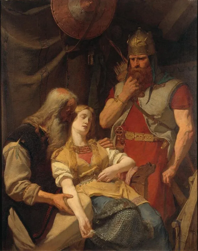 Maalaus Ingeborg saa uut Hjalmar d'Orvar Oddin kuolemasta - August Malmström | Taidetuloste