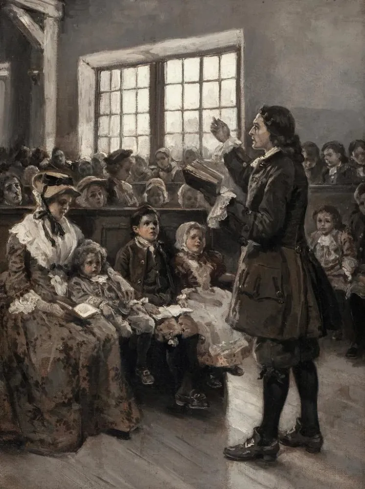 Maalaus John Wesley opettamassa sunnuntai-koulussaan - Alice Barber Stephens | Taidetuloste