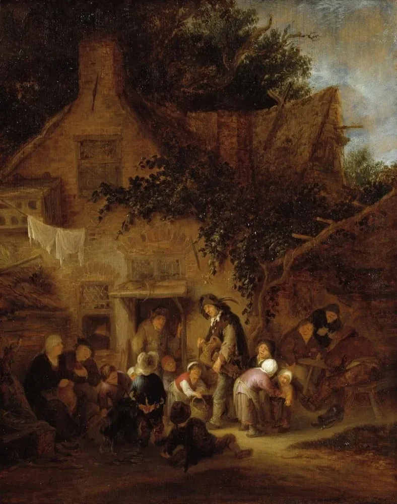 Maalaus Le joueur d'orgue de barbarie à l'extérieur d'un chalet - Adriaen van Ostade | Taidetuloste