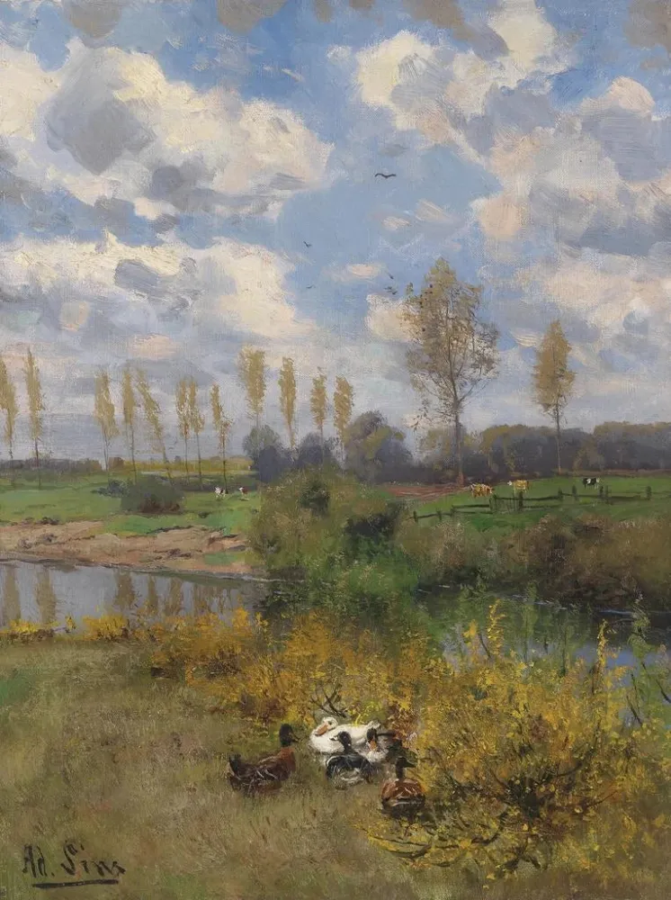 Maalaus Kanat joen rannalla - Adolf Lins | Taidetuloste