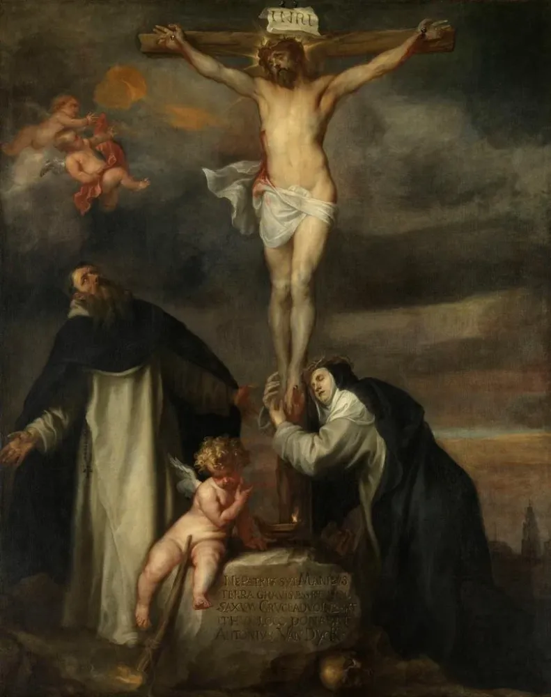 Maalaus Kristus ristiinnaulittuna, Pyhä Katariina Siena, Pyhä Dominic ja enkeli - Antoine van Dyck | Taidetuloste