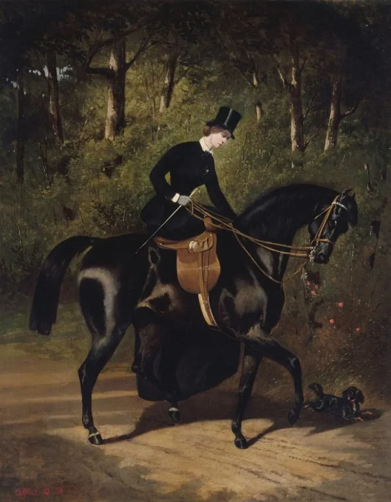 Maalaus Lécuyère Kippler mustallaan hevosen - Alfred de Dreux