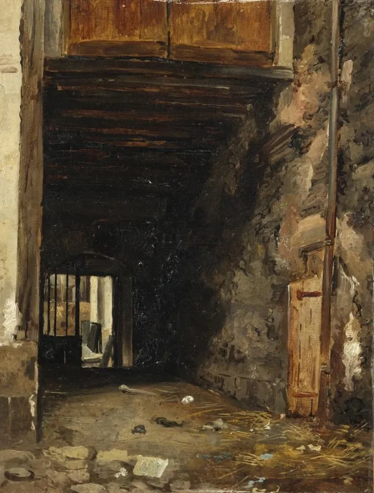 Maalaus L'entrée d'une cour - Auguste Xavier Leprince