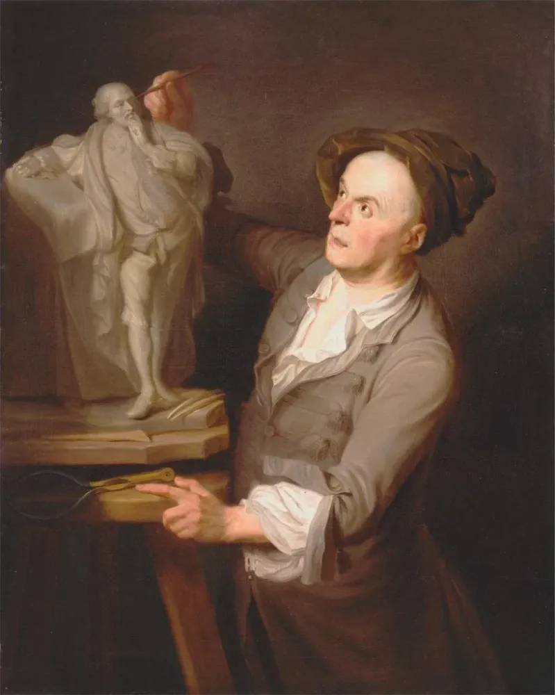 Maalaus Louis-François Roubiliac muovaamassa monumenttia Shakespeare - Adrien Carpentiers | Taidetuloste