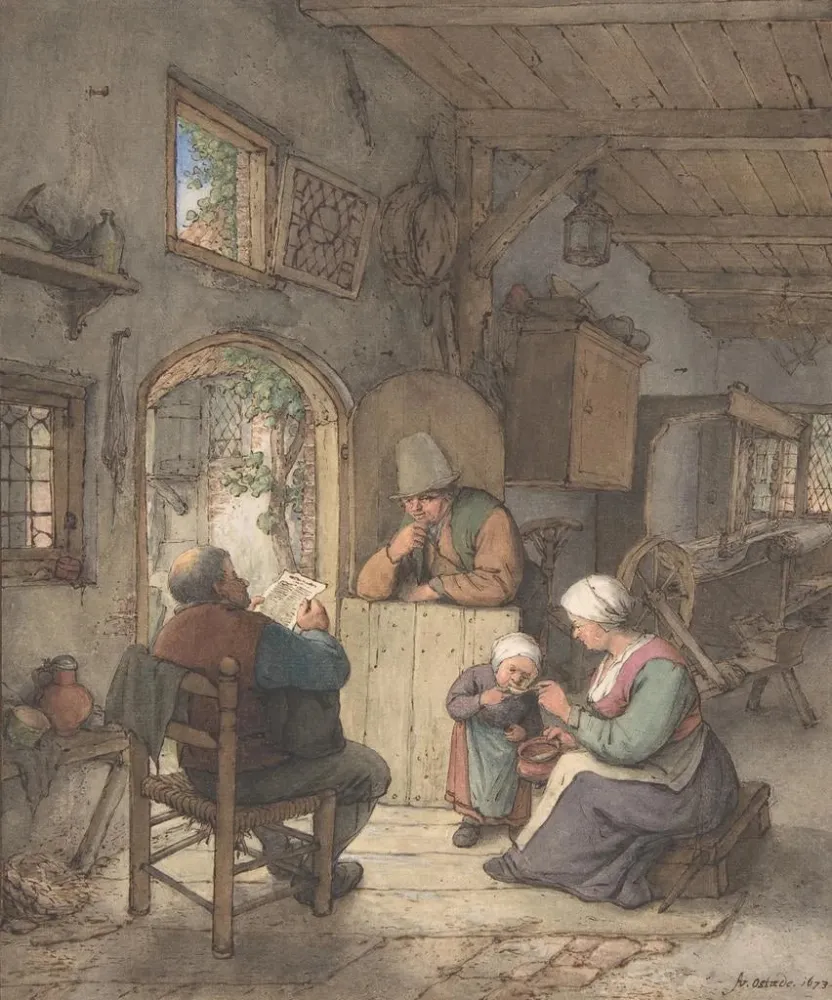 Maalaus Lukemassa uutisia Weavers Cottage - Adriaen van Ostade | Taidetuloste