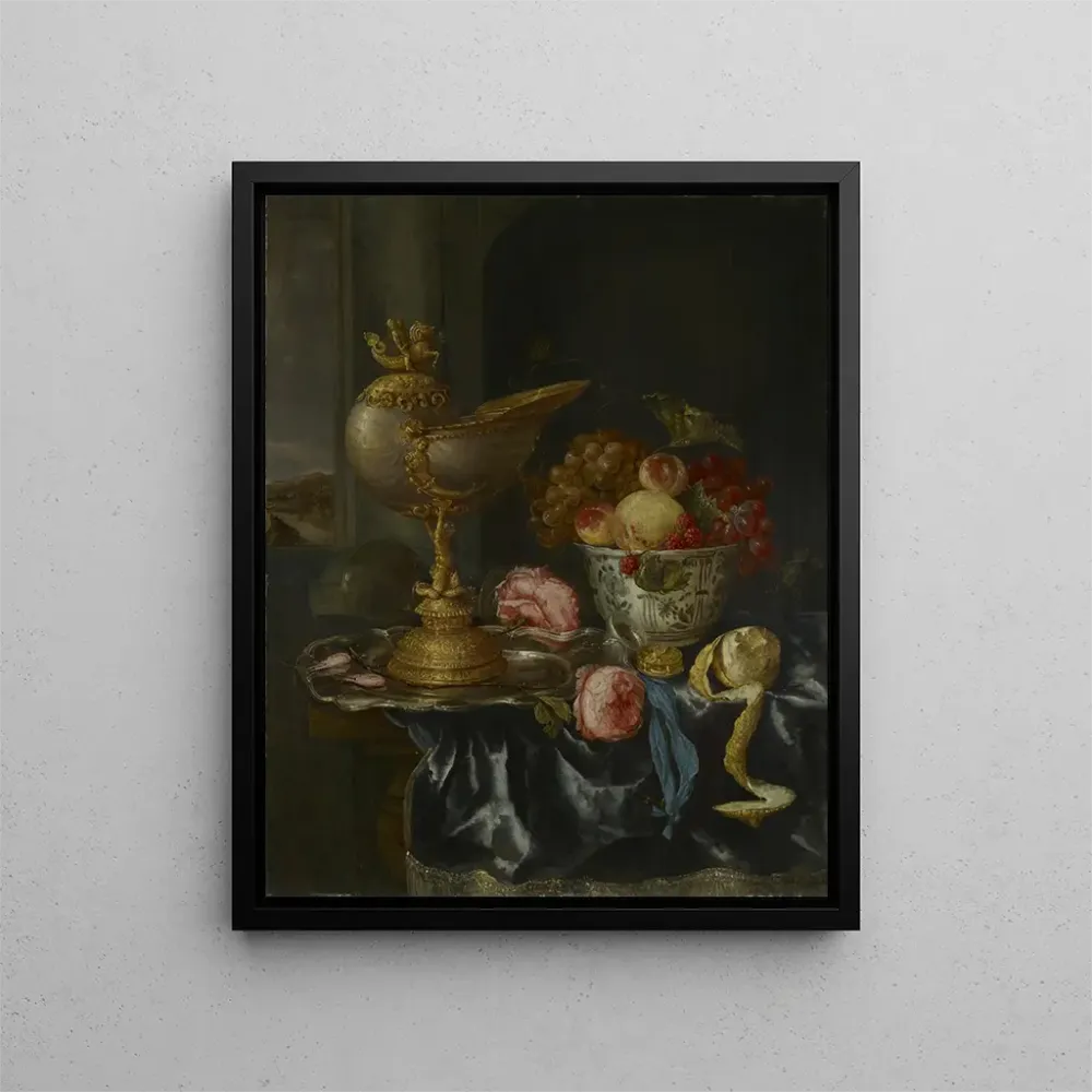 Maalaus luonnollinen kuollut ruokailu lautasella ja nautilus-kupilla - Abraham van Beyeren | Taidetuloste