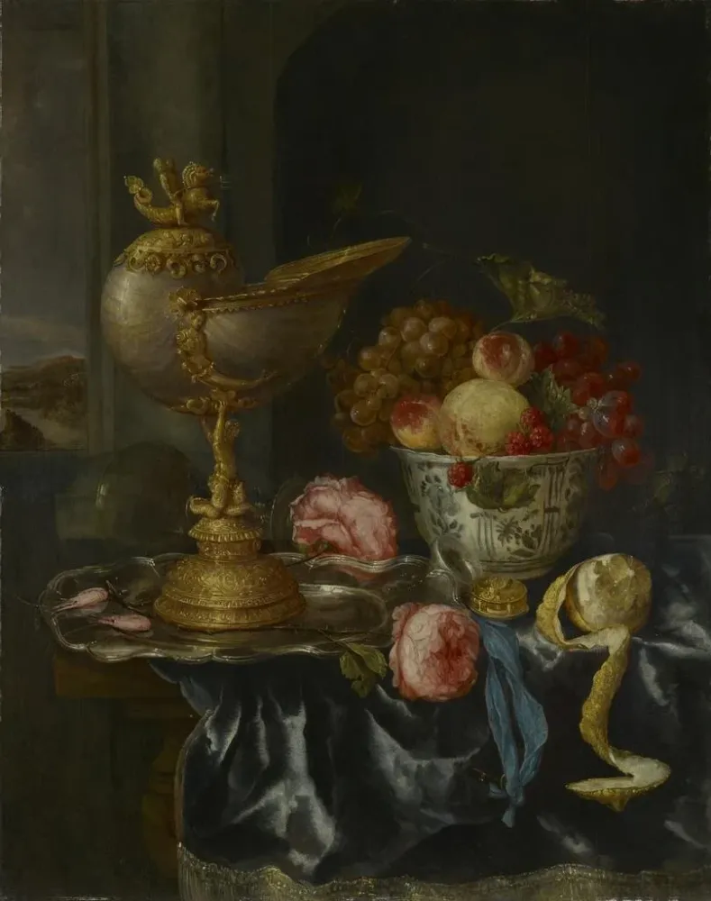 Maalaus luonnollinen kuollut ruokailu lautasella ja nautilus-kupilla - Abraham van Beyeren | Taidetuloste