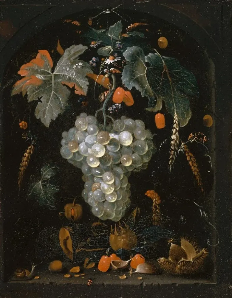 Maalaus Luontoaiheinen still life viinirypäleiden ja hedelmien kanssa niukassa - Abraham Mignon | Taidetuloste