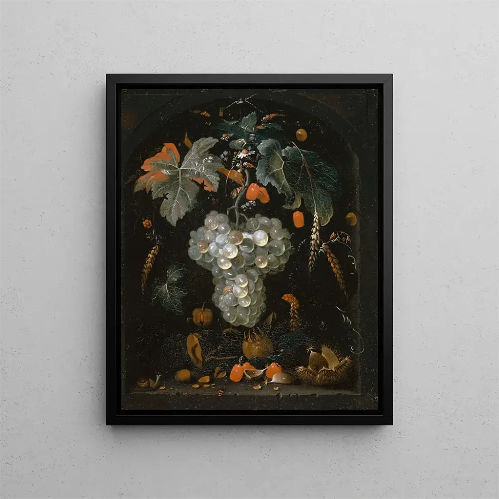 Maalaus Luontoaiheinen still life viinirypäleiden ja hedelmien kanssa niukassa - Abraham Mignon | Taidetuloste