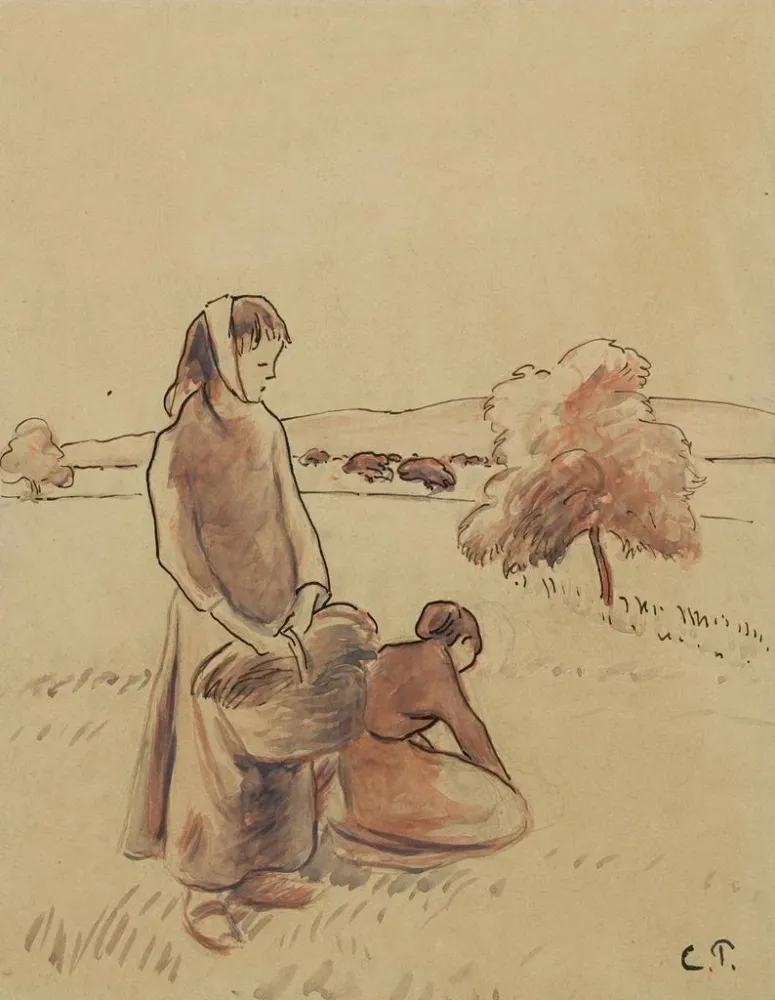 Maalaus Maalaisten maisemassa nurmella - Camille Pissarro | Taidetuloste