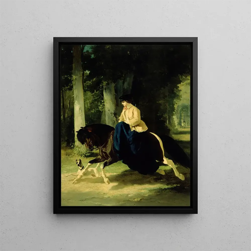 Maalaus Mademoiselle de Mosselmann ratsastamassa Bois de Boulogne'ssa Pariisissa - Alfred de Dreux