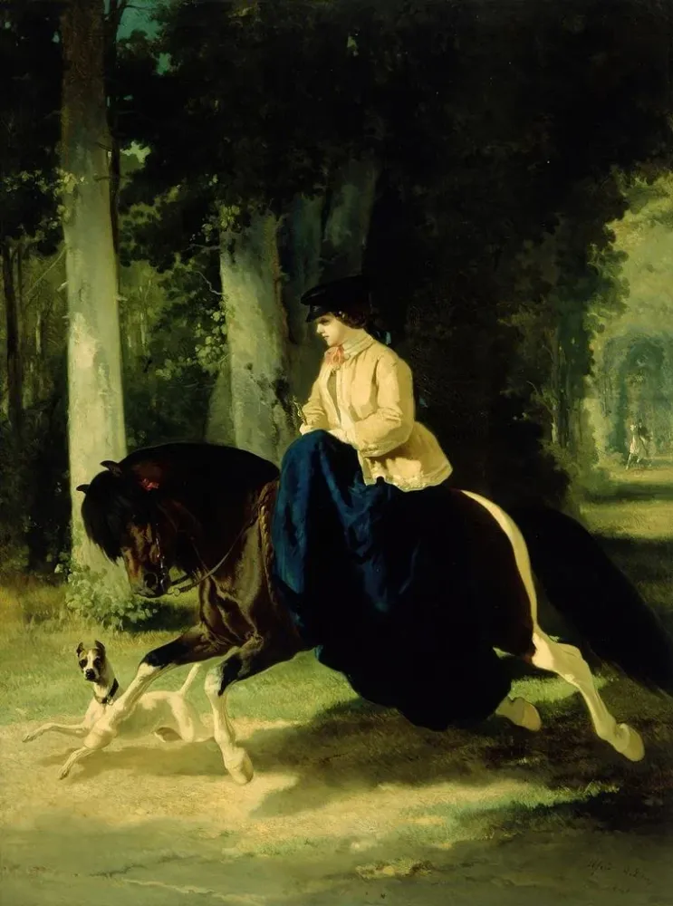 Maalaus Mademoiselle de Mosselmann ratsastamassa Bois de Boulogne'ssa Pariisissa - Alfred de Dreux