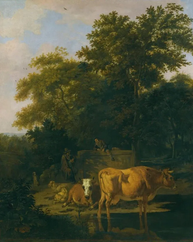 Maalaus Metsäinen maisema auringonlaskun aikaan, jossa on kaksi paimenta, koira, lampaita ja karjaa - Adriaen van de Velde...