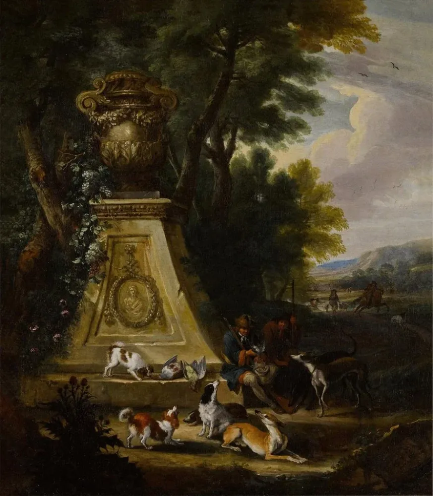 Maalaus Metsäisessä puistossa metsästyskohtaus parin metsästäjien ja heidän koiriensa kanssa, vieressä veistoksellinen jal...