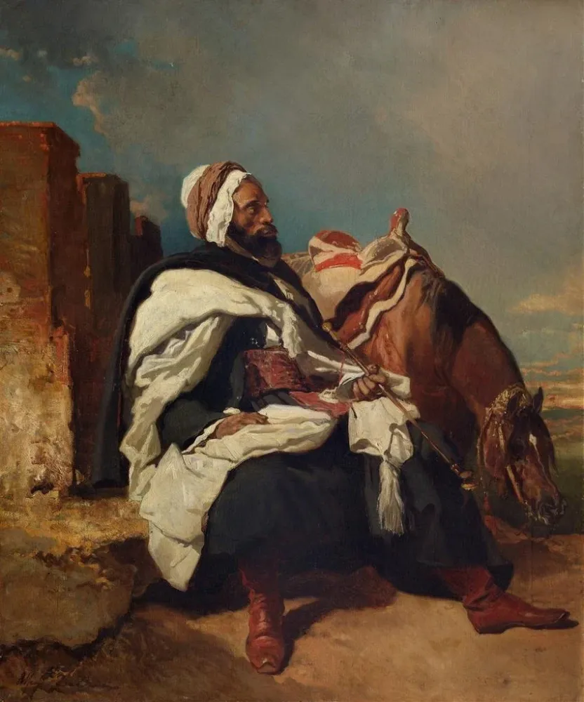 Maalaus Mies arabi istuu hevosen kanssa - Alfred de Dreux | Taidetuloste