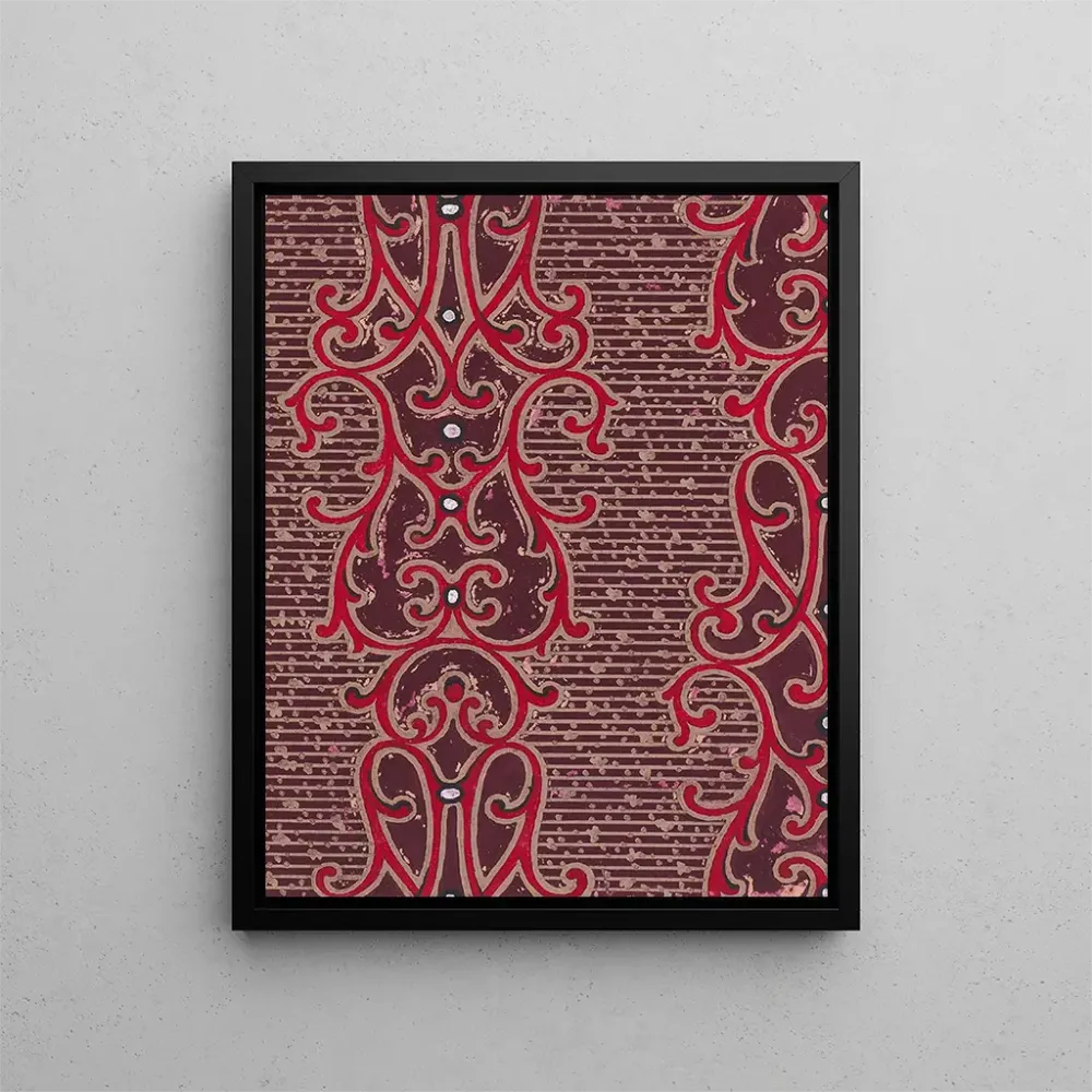 Maalaus Motif textile avec bandes verticales de perles encadrées de motifs ornementaux en volutes sur un fond rayé à pois...