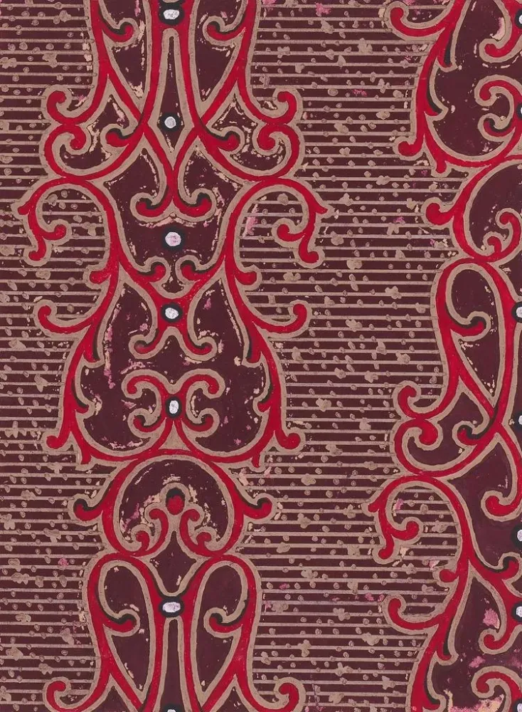 Maalaus Motif textile avec bandes verticales de perles encadrées de motifs ornementaux en volutes sur un fond rayé à pois...