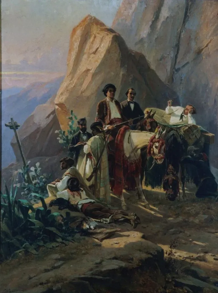 Maalaus Muisto matkasta Pariisista Cadixiin vuonna 1846 Alexandre Dumas'n ja hänen ystäviensä tekemänä - Eugène Giraud | T...