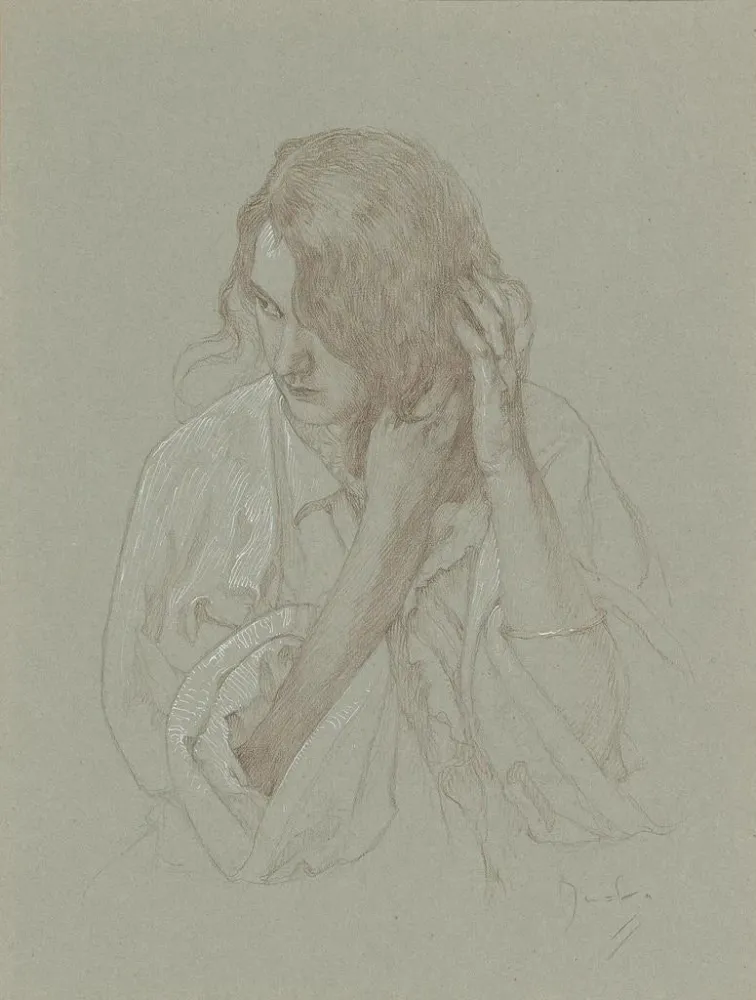 Maalaus Muotokuva tytöstä, jolla on kädet hiuksissa - Alphonse Mucha | Taidetuloste
