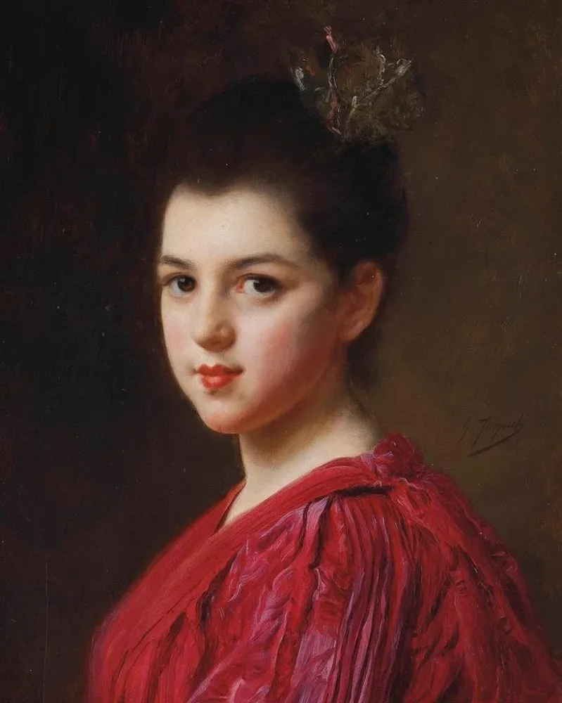 Maalaus Nainen punaisessa mekossa - Gustave Jean Jacquet | Taidetuloste