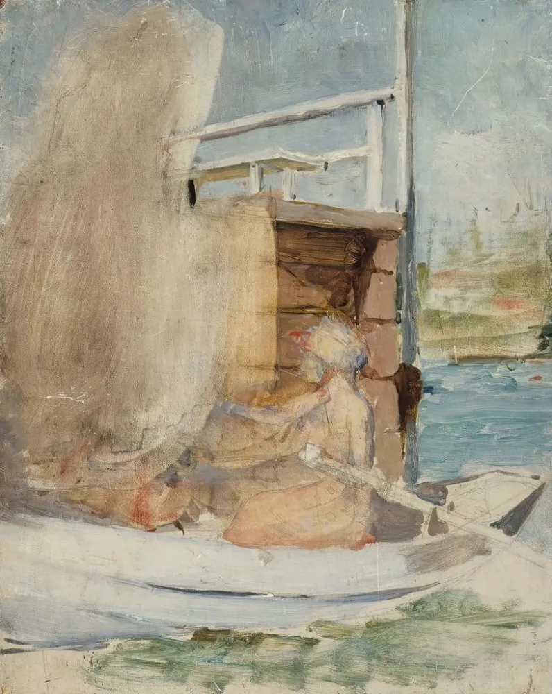 Maalaus Nainen veneessä laiturilla - Albert Edelfelt
