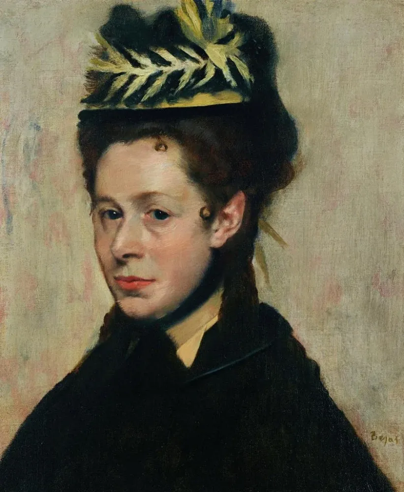 Maalaus Naisen pääkuva höyhentä sisältävällä hatulla - Edgar Degas | Taidetuloste