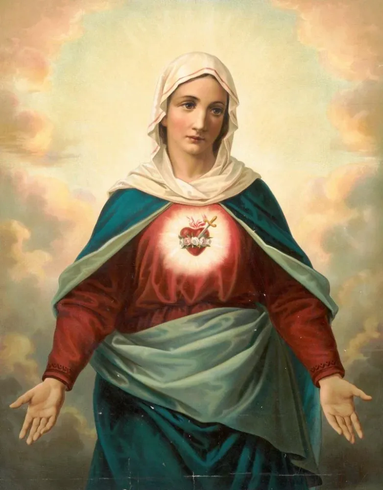 Maalaus Neitsyt Maria sydämen symbolilla rintakehässä - Anonyymi