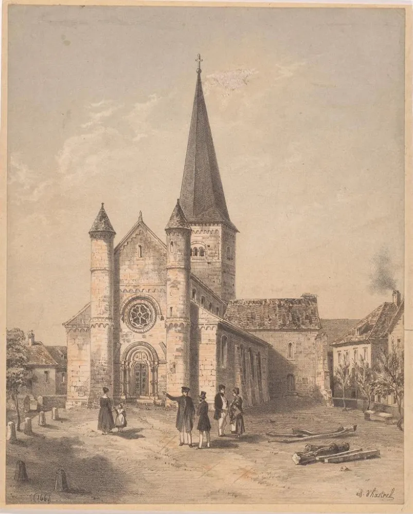 Maalaus Neuwiller-lès-Saverne Saint-Adelphe kirkon näkymästä - Adolphe Hastrel de Rivedoux | Taidetuloste