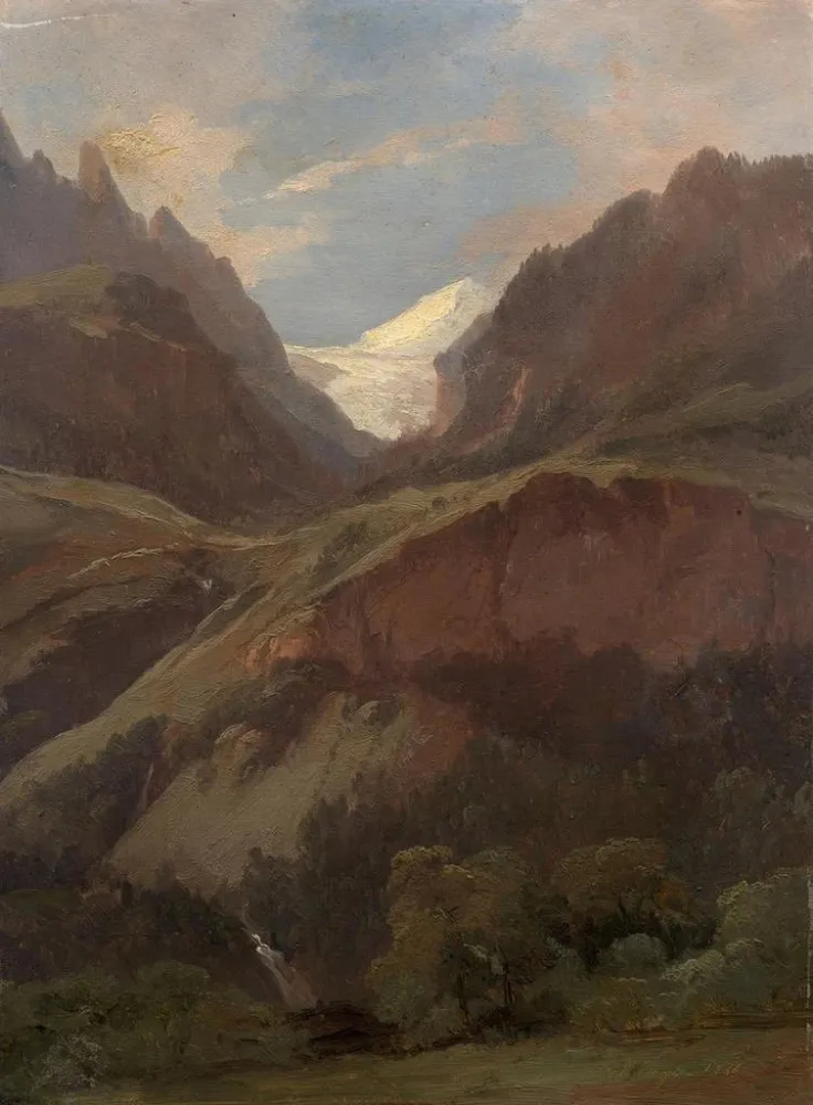 Maalaus Näkymä Wetterhornista ja Reichenbachista Meiringenistä - Alexandre Calame | Taidetuloste