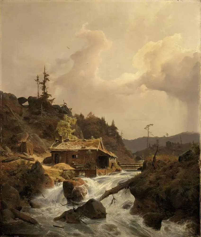 Maalaus Norjan maisemasta myllyn kanssa - Andreas Achenbach | Taidetuloste