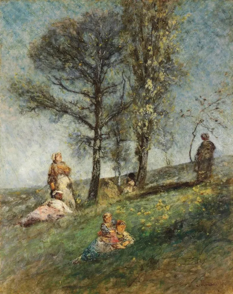 Maalaus Nuori perhe puiden alla mäellä - Adolphe Monticelli | Taidetuloste