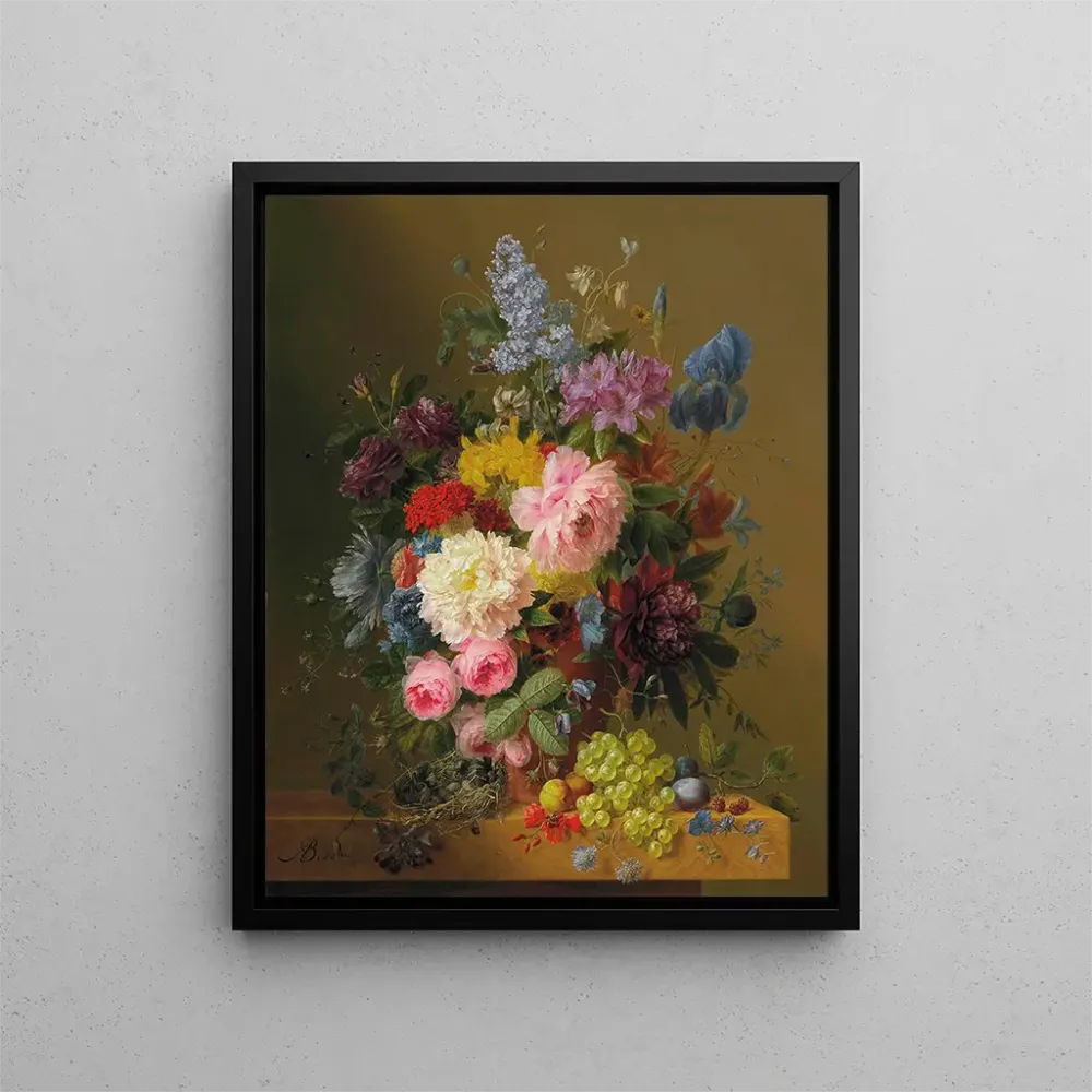 Maalaus Pivoines Tulppaanit Ruusut Iris ja muut kukat hedelmien ja linnunpesän kanssa marmorialustan reunalla - Arnoldus B...