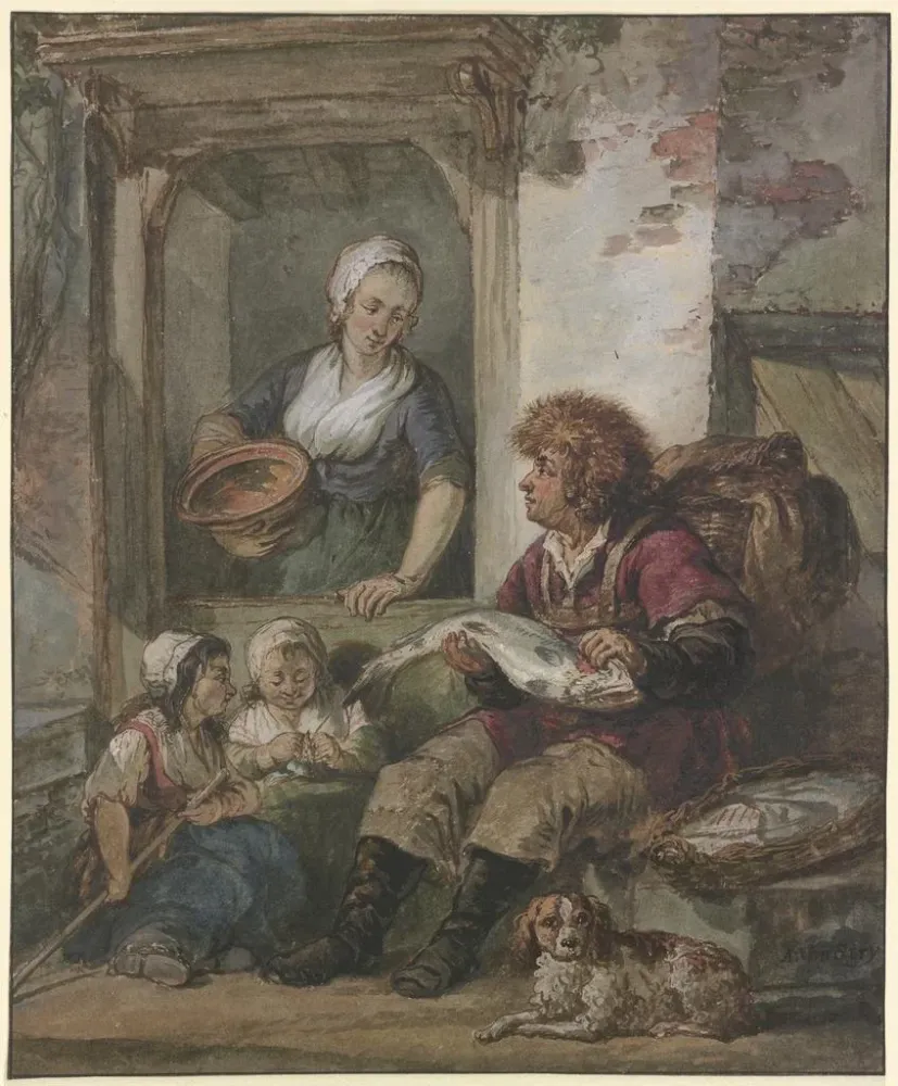 Maalaus Poissonnier et servante à une porte - Abraham van Strij | Taidetuloste